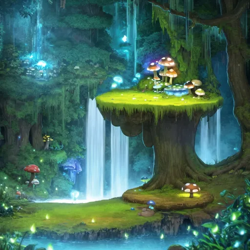 Prompt: cave, vegetation, moss, (glowing, fireflies), glowing mushroom, blue theme, waterfall