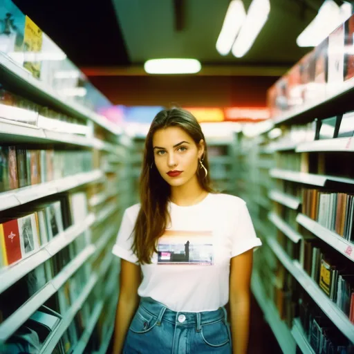 Prompt: a girl wearing a white t-shirt standing in the vinyl store