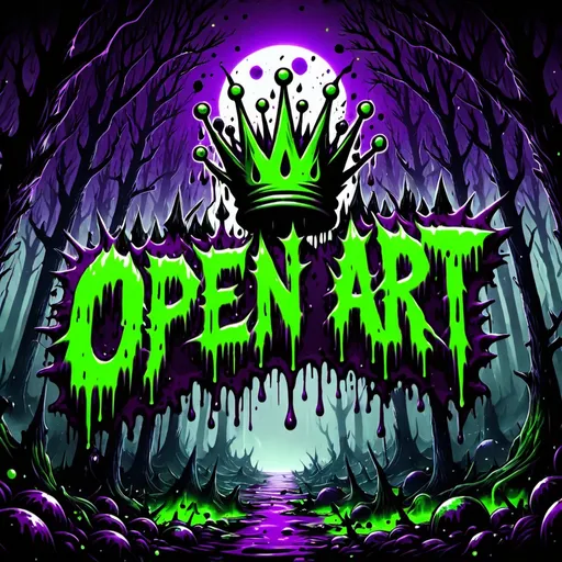 Prompt: (OpenArt text logo), neon green, purple, spikey, splattered, dripping, blood, crown, fog, moon, trees