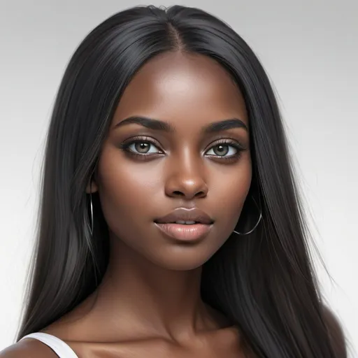 Prompt: Realistic digital illustration of a dark-skinned model with smooth black hair, piercing gray eyes on a white background, luscious straight hair, high-res, ultra-detailed, realistic, digital art, dark skin, gray eyes, black hair, smooth texture, professional, natural lighting