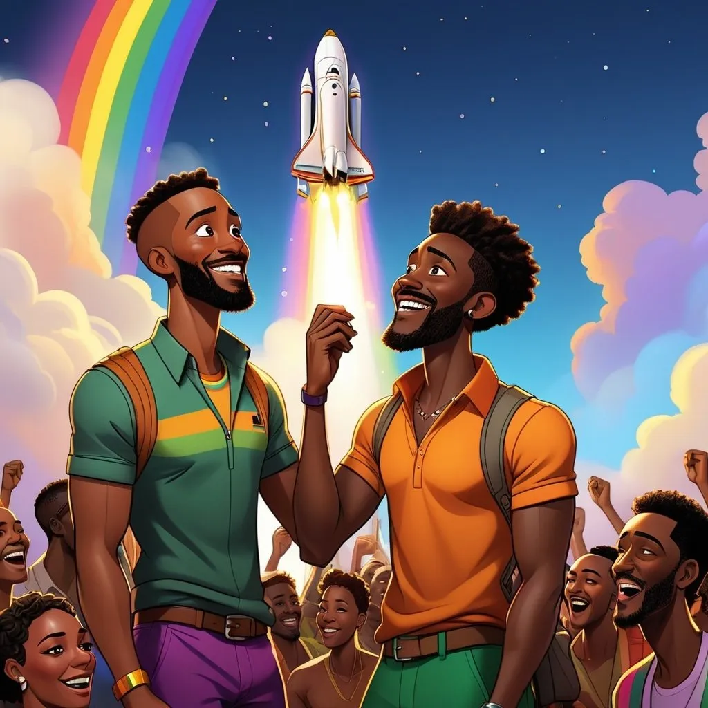 Prompt: adults,  realistic cartoon like close up, gay, gay rights, black and queer, diversity, LGBT rights in Africa, radiant hope, like a spaceship launching into the night sky, queer and African, a rainbow rocket ship bursting with hope into the future, an adoring crowd, hopeful lovers
