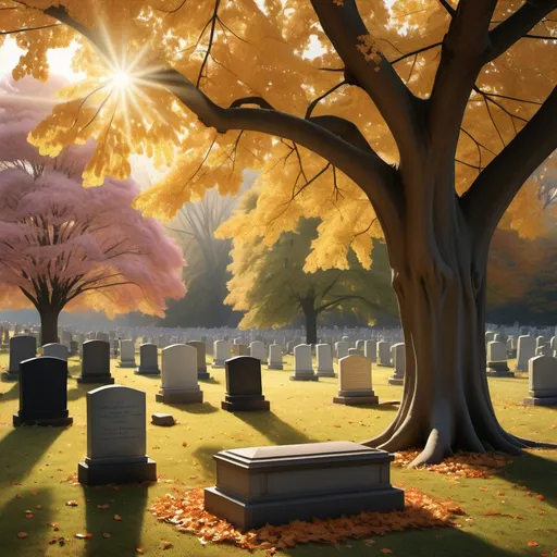 Prompt: October morning in a graveyard, (New York), a plot with a headstone beneath a (Rosy Trumpet Tree), bathed in (golden hour) light, creating a poignant and serene atmosphere, soft shadows contrasting with warm golden hues, fallen leaves gently dispersing, embracing the tranquility of nature, (highly detailed) and (ultra-realistic), evoking deep reflections and emotions of remembrance.