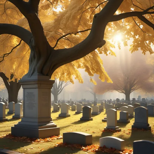 Prompt: October morning in a graveyard, (New York), a plot with a headstone beneath a (Rosy Trumpet Tree), bathed in (golden hour) light, creating a poignant and serene atmosphere, soft shadows contrasting with warm golden hues, fallen leaves gently dispersing, embracing the tranquility of nature, (highly detailed) and (ultra-realistic), evoking deep reflections and emotions of remembrance.