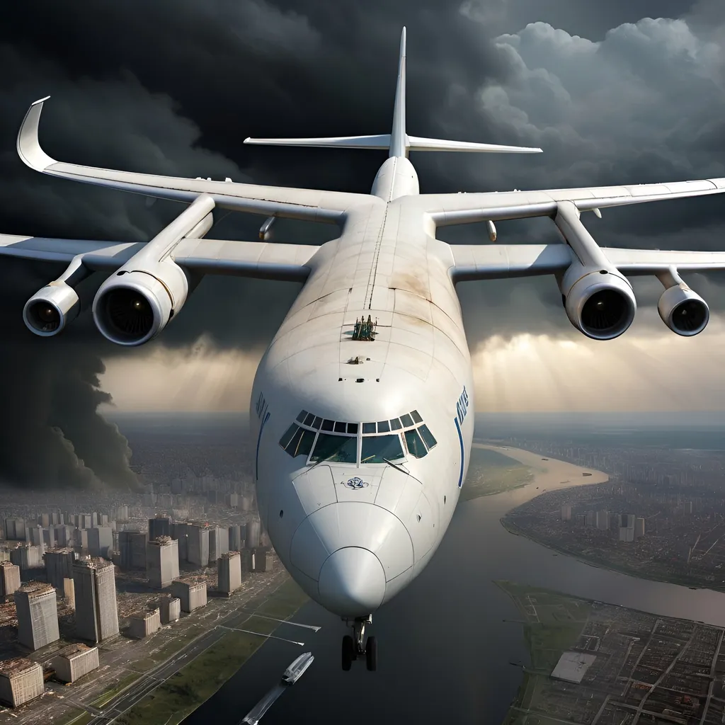 Prompt: (very large aircraft ANTONOV AN-225), flying over human civilization, (apocalyptic atmosphere), (overcast sky), ominous dark clouds, scattered debris below, dimly lit cities in the distance, (intense shadows), eerie silence, detailed textures of the aircraft, realistic depiction, high definition, ultra-detailed, dramatic color contrast, sense of scale and isolation, haunting vibe.