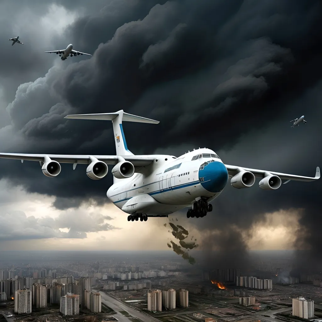 Prompt: (very large aircraft ANTONOV AN-225), flying over human civilization, (apocalyptic atmosphere), (overcast sky), ominous dark clouds, scattered debris below, dimly lit cities in the distance, (intense shadows), eerie silence, detailed textures of the aircraft, realistic depiction, high definition, ultra-detailed, dramatic color contrast, sense of scale and isolation, haunting vibe.