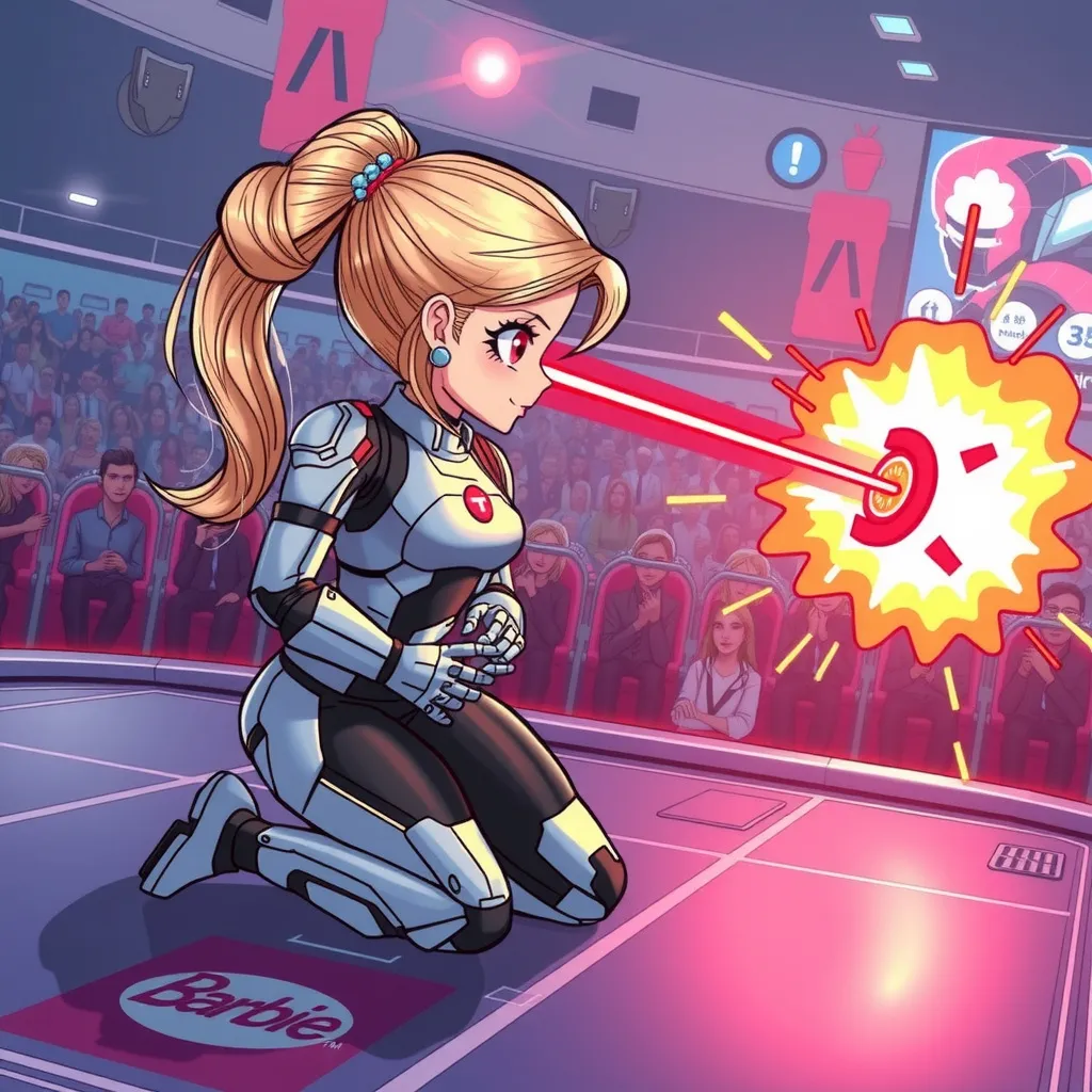 Prompt: Comic art style cute Barbie kneeling on futuristic battle arena floor in full mechanical suit with long blonde bun style ponytail hair and red laser eye beaming rays towards target ahead of her eyes with target exploding from beaming rays while head tilted to the side and nose tilted up and crowds cheering in audience at the event