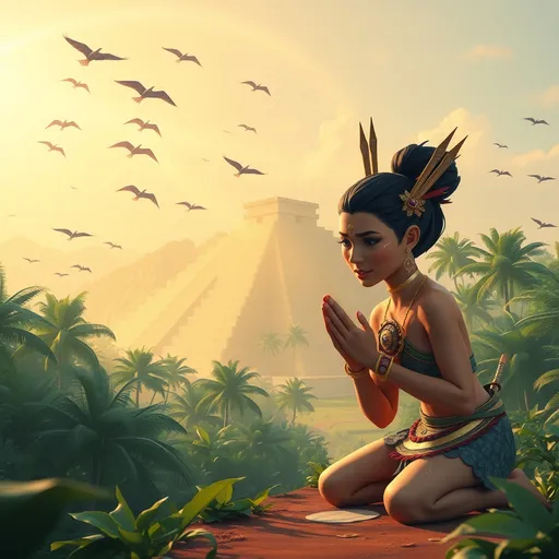 Prompt: Low poly style Dense Jungle over the horizon a formations for Sparse flocks of Birds, flocking in groups along a way point, towards a misty clearing of occupied forest with a epic mayan pyramid of ancient culture rising through the clearing, reflecting golden beams of light, from sunlight shining onto the peak of the pyramid, from high above the canopy of jungle trees below in the background, in the foreground a mayan princess with bun style hair and chopsticks in hair, kneeling on the path and praying with look of disgust in her eyes, head tilted to the side and nose titled up, mouth wide open and drooling on the ground, with gold necklace