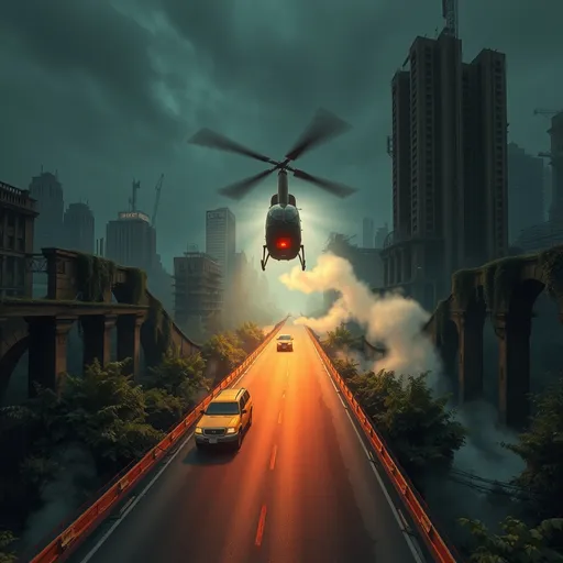 Prompt: Low poly style Helicopter pointing bright spotlight beam towards vehicle while chasing vehicle in foreground speeding along dilapidated freeway of archways of another freeway in the dense jungle of decaying city buildings and skyscrapers with vines growing wrapped around freeway archways and buildings with hazy atmosphere steamy cloud of mist on jungle floor in background at dark night