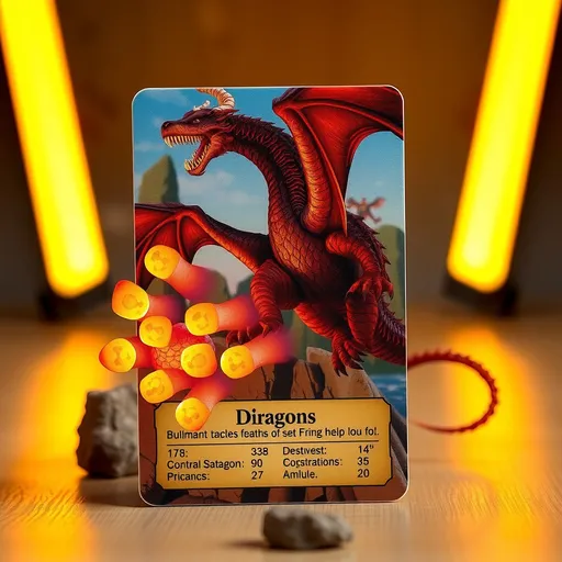 Prompt: Claymation style trading card with the graphic reference displaying image of medieval dragons flying and breathing fiery globs of molten rock for the image graphic on a action style trading card set of "ultima" trading cards sets with statistics written on card with trading card style in a studio of glowing polarized light in the background