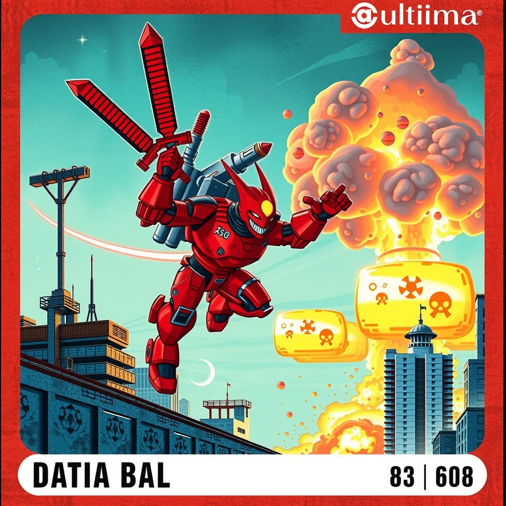 Prompt: Claymation style trading card with the graphic reference displaying image of glowing red mechsuit of mech warrior with katana and jet pack flying over city scape looking at atomic explosion for the image graphic on a action style trading card set of "ultima" trading cards sets with statistics written on card with trading card style