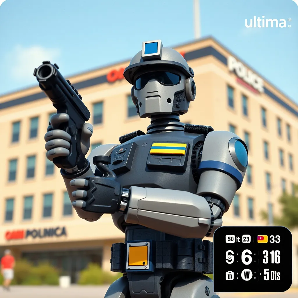 Prompt: Claymation style trading card with the graphic reference displaying image of newest model police robot holding power gun in foreground with older model robot police standing behind and the omni corporation police commercial building in the background for the image graphic on a action style trading card set of "ultima" trading cards sets with statistics written on card with trading card style