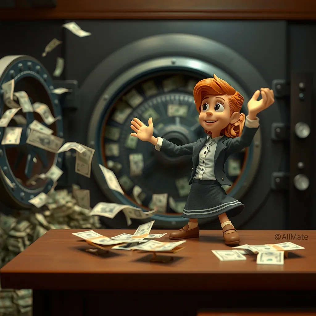 Prompt: Claymation style Bank teller doing dance on table in the foreground with money flowing in the bank teller hand with the other trails of money bills of various denominations gusting out from the other hand of the bank teller from a big pile on money in the vault in the background