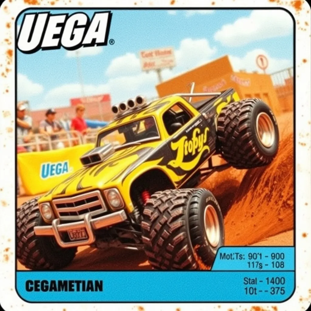 Prompt: Claymation style trading card with the graphic reference displaying image of Utopia of stunt racer cars in a demolition derby from "mega trucks" the TV show for the image graphic on a action style trading card set of "ultima" trading cards sets with statistics written on card with trading card style