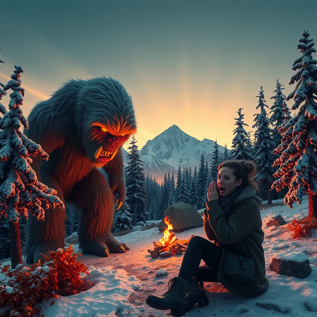 Prompt: Low poly style Yeti monster with menacing look in eyes with claws while leering towards the campsite on snow covered mountain with snow covered oak trees and orange fall season leaves on dirt path in middle of dense dark forest at twilight with orange glowing sunlight beaming through the oak trees and a scared woman with look of terror in her eyes with mouth wode open screaming with purse pleading for her life at camp site with fire burning in the background