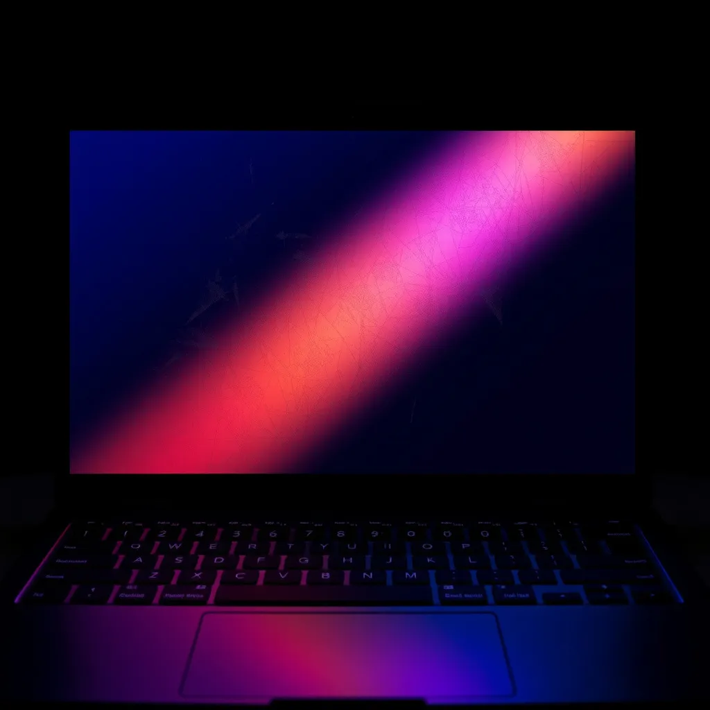 Prompt: Low poly style laptop screen with smudges on screen displayed in the light at an angle enough to show horrible smudges with beam of multi colored light shining on the keyboard