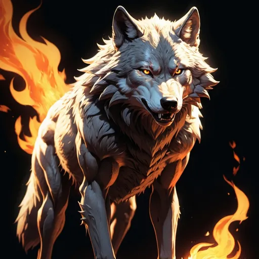 Prompt: 
 Anime illustration, a wolf with fire, detailed armed body ,face to the camera with nice pose dramatic lighting