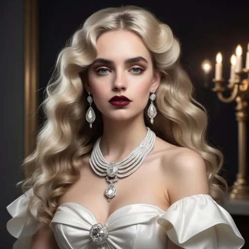 Prompt: a woman with long wavy hair and a white dimante dress is posing for a p, Chica Macnab, neoclassicism, full round face, bow earrings with diamond necklace and glossy lips