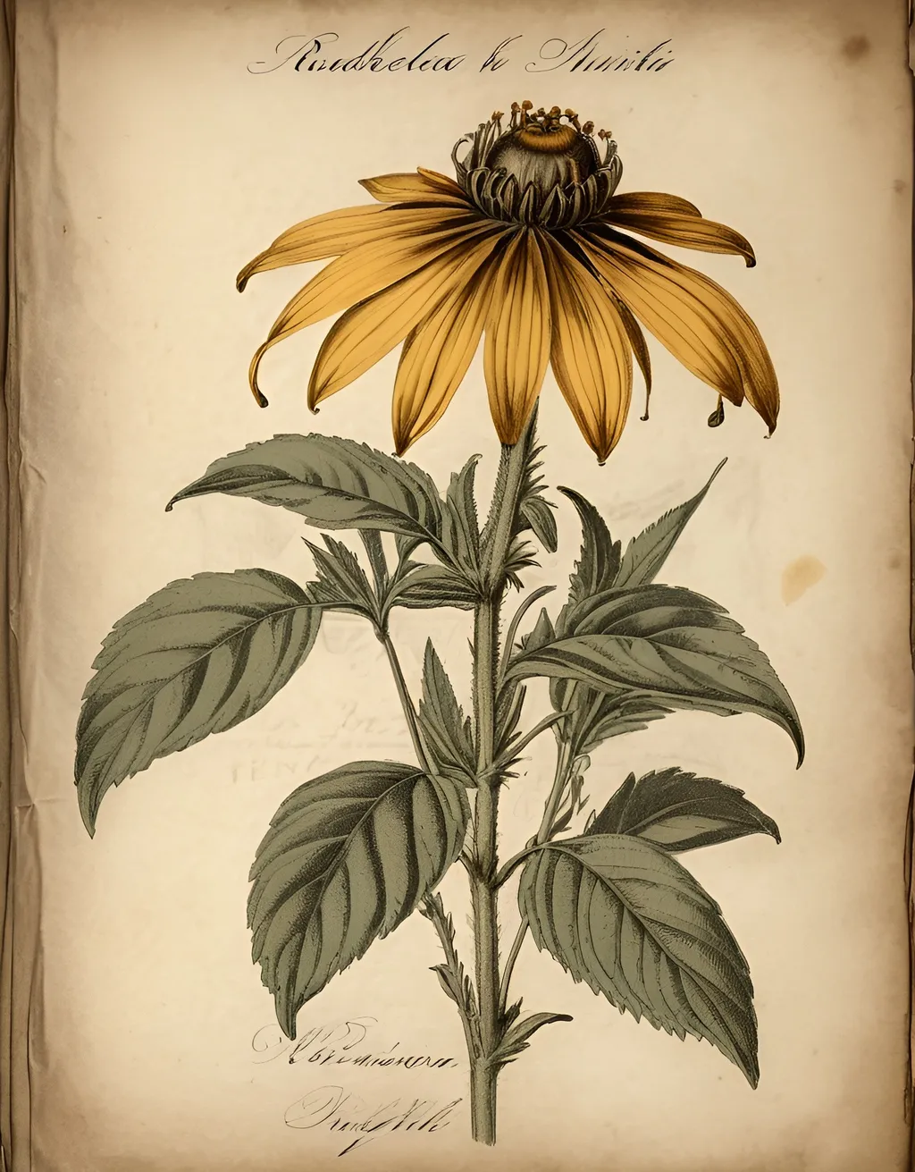 Prompt: Botanical illustration of Rudbeckia hirta, intricate details, aged paper texture, 19th-century journal style, Weathered edges, pastel color,  vintage aesthetic, cursive