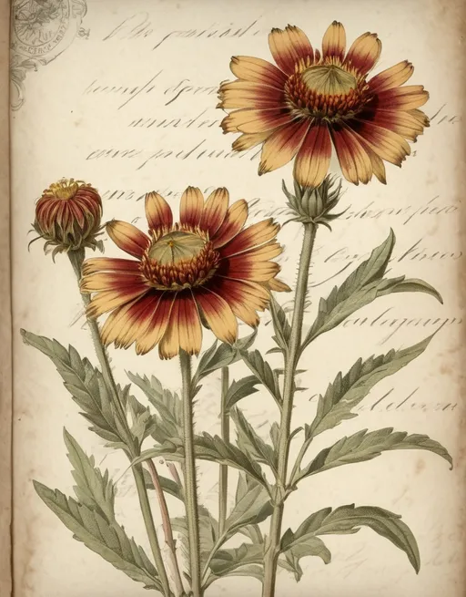 Prompt: Botanical illustration of Gaillardia, intricate details, aged paper texture, 19th-century journal style, Weathered edges, pastel color,  vintage aesthetic, cursive