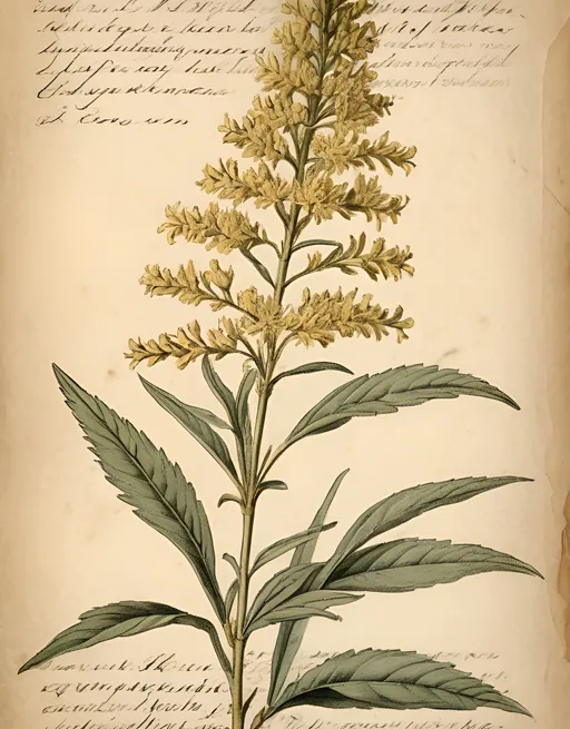 Prompt: Botanical illustration of Solidago, intricate details, aged paper texture, 19th-century journal style, Weathered edges, pastel color,  vintage aesthetic, cursive