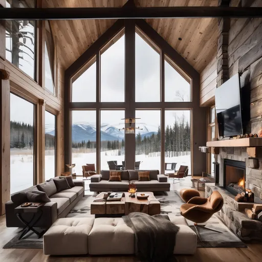 Prompt: A double-height ceiling living room with a large, floor-to-ceiling window on one side log cabin. Outside is a dark snow-covered landscape. The living area is furnished with plush, contemporary sofas and chairs in neutral tones, grouped around a low, central coffee table. The room's color palette is composed of dark brown and warm tones, with the soft lighting from various lamps adding a cozy ambiance.