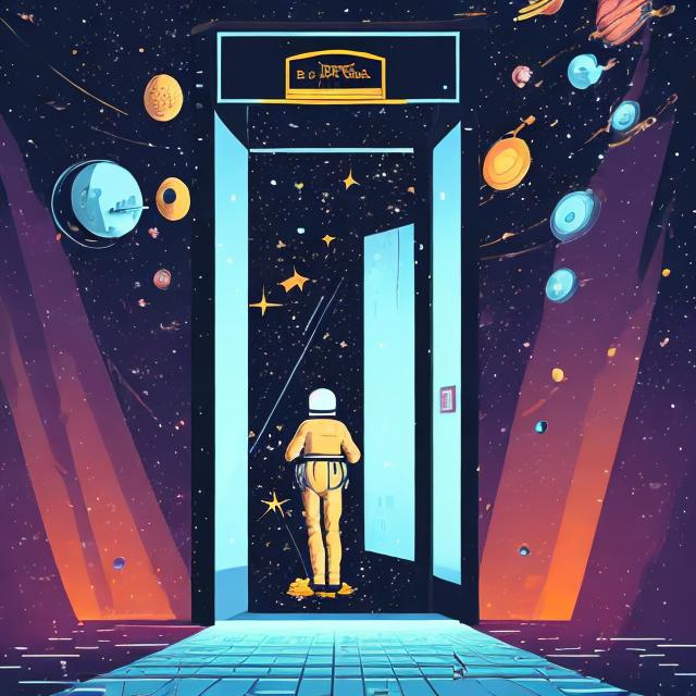 Prompt: an illustration of an elevator floating in dark outer space. The doors are open exposing an ordinary man wearing ordinary clothes mopping the floor inside. I want it in 2d pop art style