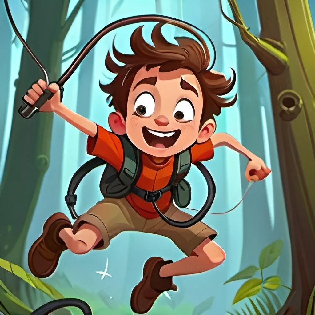 Prompt: Happy demtermined Boy flying through the air with a grappling hook. Through a magicalforest. A bit cartoony. Chased by a giant mosquito 
