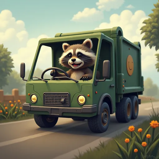 Prompt: Raccoon is driving garbage truck