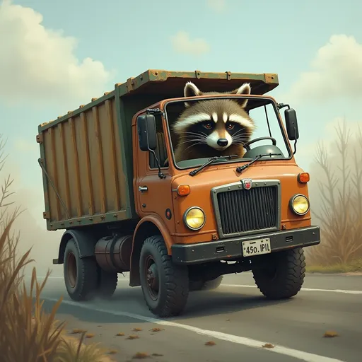 Prompt: Raccoon is driving garbage truck