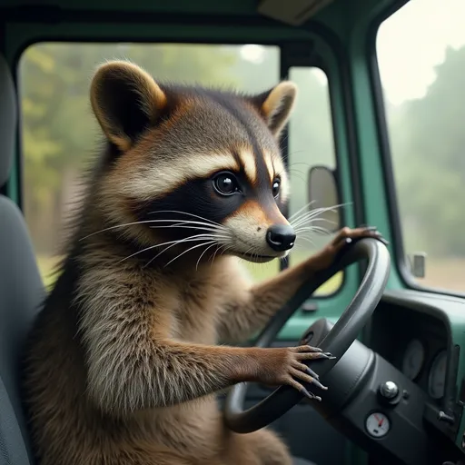 Prompt: Raccoon is driving garbage truck