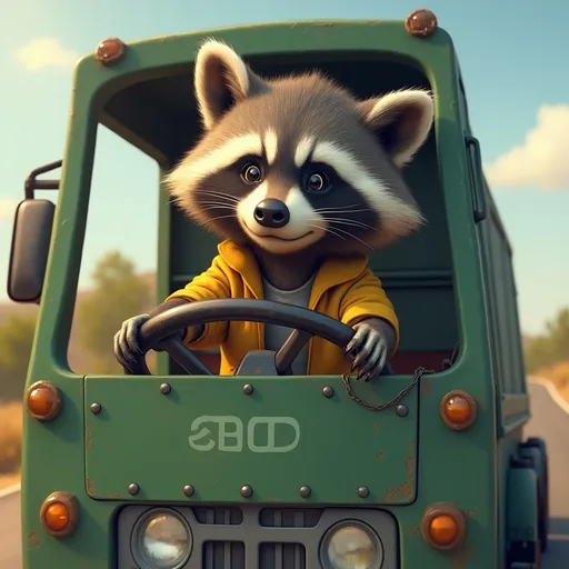 Prompt: Raccoon is driving garbage truck
