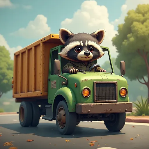 Prompt: Raccoon is driving garbage truck