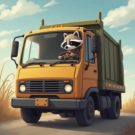 Prompt: Raccoon is driving garbage truck
