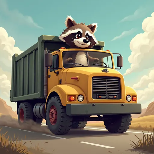 Prompt: Raccoon is driving garbage truck