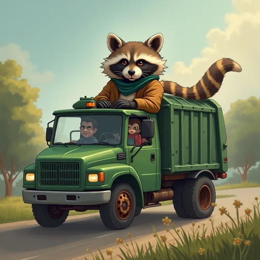 Prompt: Raccoon is driving garbage truck
