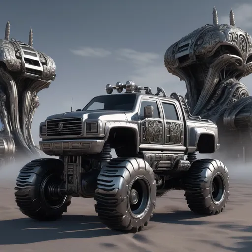 Prompt:  Create a visually striking 3D model inspired by H.R. Giger's art. The high-poly model depicts a diesel punk Monster Truck on the Hypechamber Stage. Intricate details and glowing mystic symbols adorn the character, while the industrial-themed runway and doors add context. Utilize Metahuman Creator, Quixel Mixer, Kit Bash 3D's Diesel Punk Kit, and Unreal Engine's Art Fashion Automotive Galleries for a studio-quality result. Merge Giger's allure