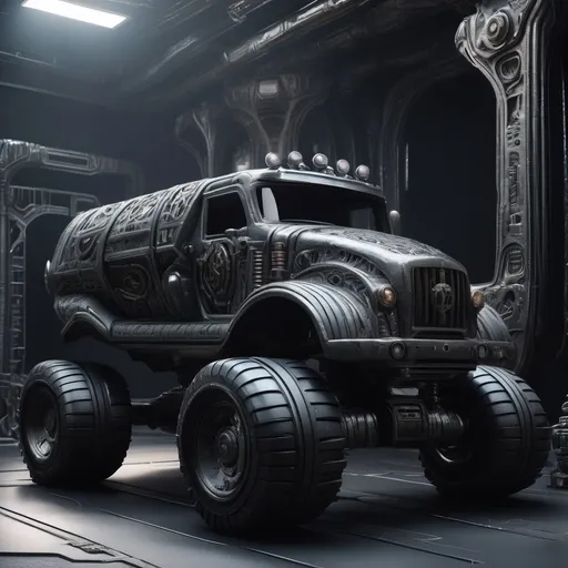 Prompt:  Create a visually striking 3D model inspired by H.R. Giger's art. The high-poly model depicts a diesel punk Monster Truck on the Hypechamber Stage. Intricate details and glowing mystic symbols adorn the character, while the industrial-themed runway and doors add context. Utilize Metahuman Creator, Quixel Mixer, Kit Bash 3D's Diesel Punk Kit, and Unreal Engine's Art Fashion Automotive Galleries for a studio-quality result. Merge Giger's allure