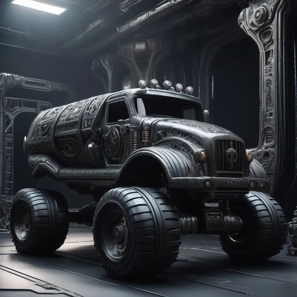 Prompt:  Create a visually striking 3D model inspired by H.R. Giger's art. The high-poly model depicts a diesel punk Monster Truck on the Hypechamber Stage. Intricate details and glowing mystic symbols adorn the character, while the industrial-themed runway and doors add context. Utilize Metahuman Creator, Quixel Mixer, Kit Bash 3D's Diesel Punk Kit, and Unreal Engine's Art Fashion Automotive Galleries for a studio-quality result. Merge Giger's allure