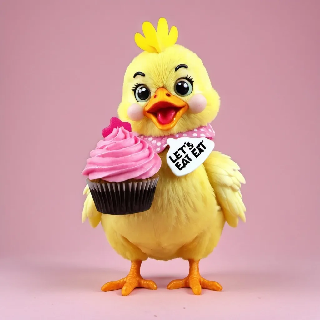 Prompt: yellow chicken with a bib that says lets eat holding a pink cupcake relistic
