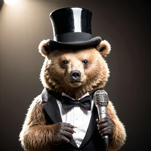 Prompt: bear holding mic wearing top hat