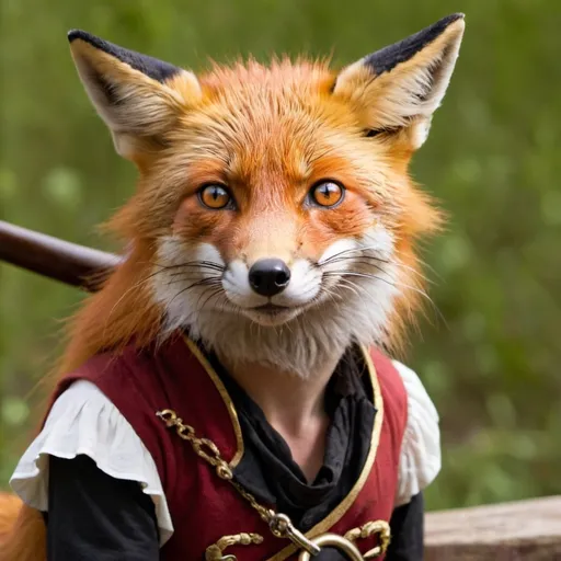 Prompt: Red fox, black eye patch ,pirate hook 
IRL