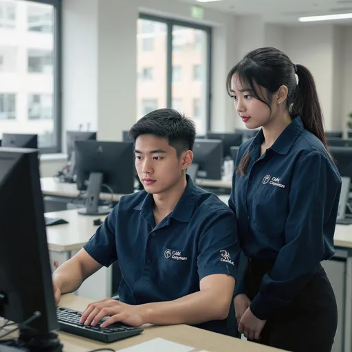 Prompt: A 19‑year‑old handsome Asian male student with fair skin and a fit, muscular build is sitting at a computer in a modern computer lab, focused on the screen. He has clear, youthful “ตี๋” features. Standing next to him is a 19‑year‑old cute Asian female student with fair skin and a ponytail, watching the screen with interest. Both wear dark blue and black shop‑style uniforms from the computer department, looking age‑appropriately attractive and professional, photorealistic style.”