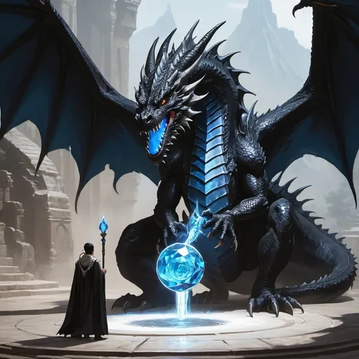 Prompt: A massive black dragon, staring down at a human mage covered in white robes. The human has a staff that has a blue gem on it. 
