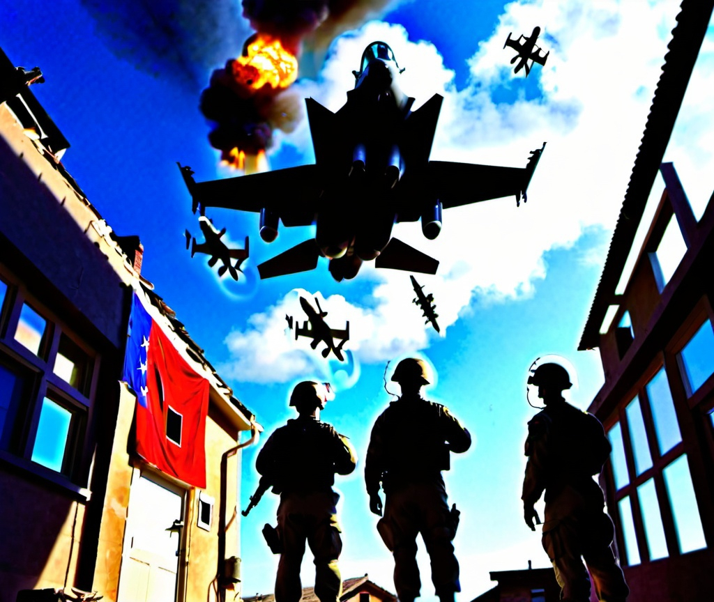 Prompt: Military soldiers looking up into the sky and there is 2 f35 flying helping teamates into bombing houses