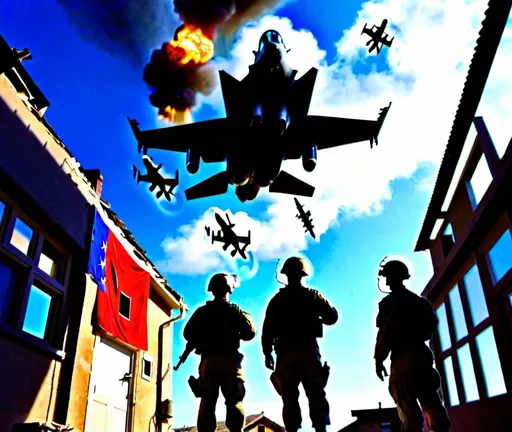 Prompt: Military soldiers looking up into the sky and there is 2 f35 flying helping teamates into bombing houses