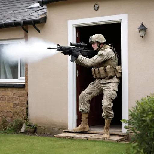 Prompt: A ukraining soldier shooting into house