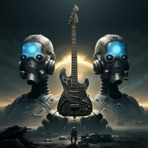 Prompt: Create an Image of a futuristic band that has machine gun shaped guitars concept art, intricate, epic, detailed composition, cinematic, highly detailed, digital painting,
artstation, HD, smooth, sharp focus, illustration, fallout 4, universe, fantasy, sci fi, by jake buehler
and gustave dore