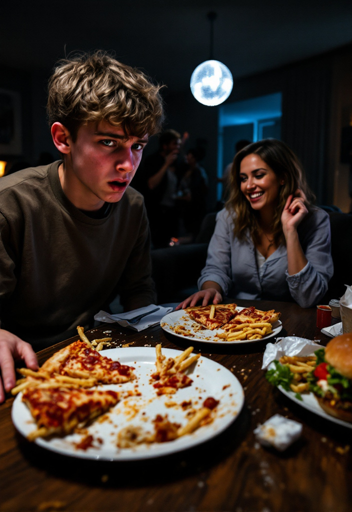 Prompt: 


I was so spooked that I atea plate
Of unhealthy  food at the party.
My mom was spooked  differently. She ate a whole plate  of unhealthy  food  only. We chatted  for  a while and then when dancing .

