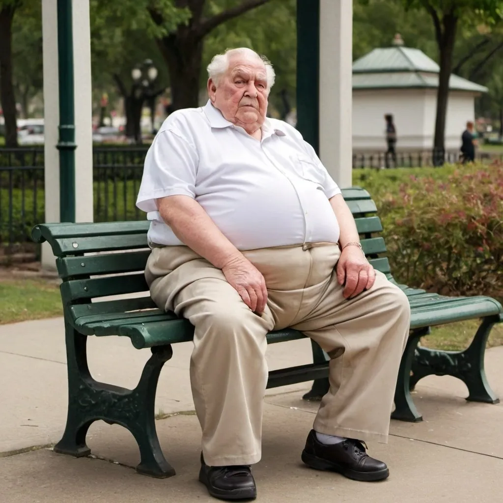 Prompt: photo of a morbidly obese 90 year old 700 pound elderly man wearing a white dress shirt and high-waisted khaki pants to his navel sitting on a park bench 