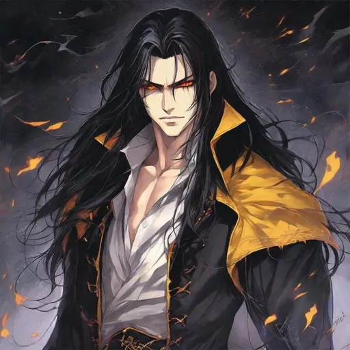 Prompt: male vampire, strong, chainmail, emotionless, black messy long hair, anime style, long shot,  anime portrait, fantasy art, yellow eyes